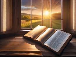 download (22) Bíblia iluminada levemente sobre uma superfície tranquila, representando paz e esperança.